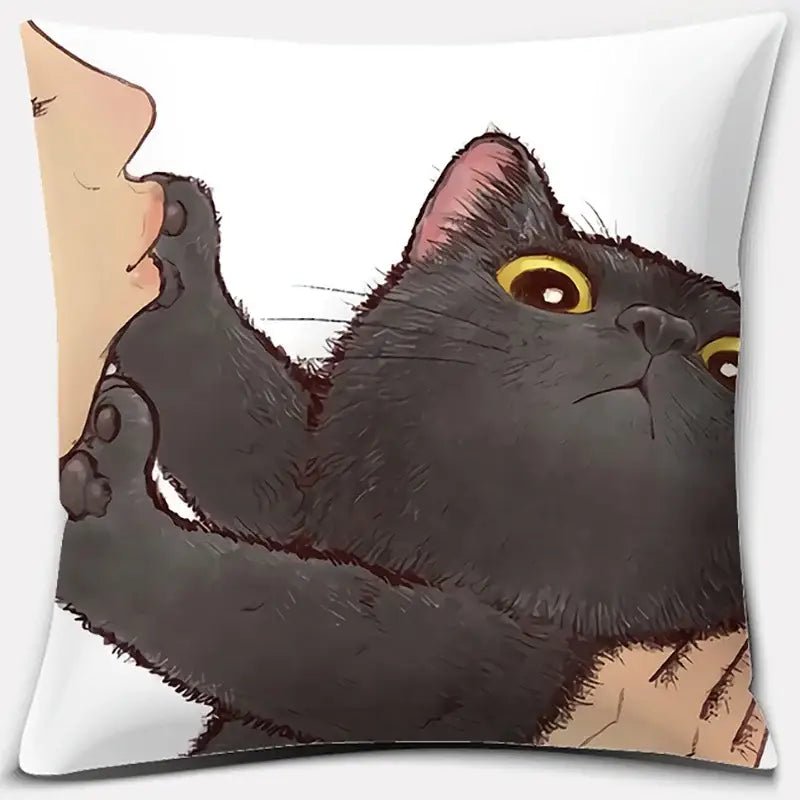 White throw pillow featuring a cute cat kiss love cartoon of a black cat with yellow eyes playfully kissing a cheek