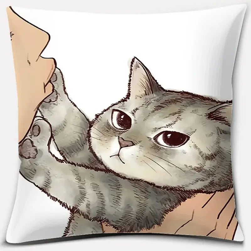 White throw pillow featuring a cute cat kiss detailed gray tabby illustration for cat kiss love bedroom decor