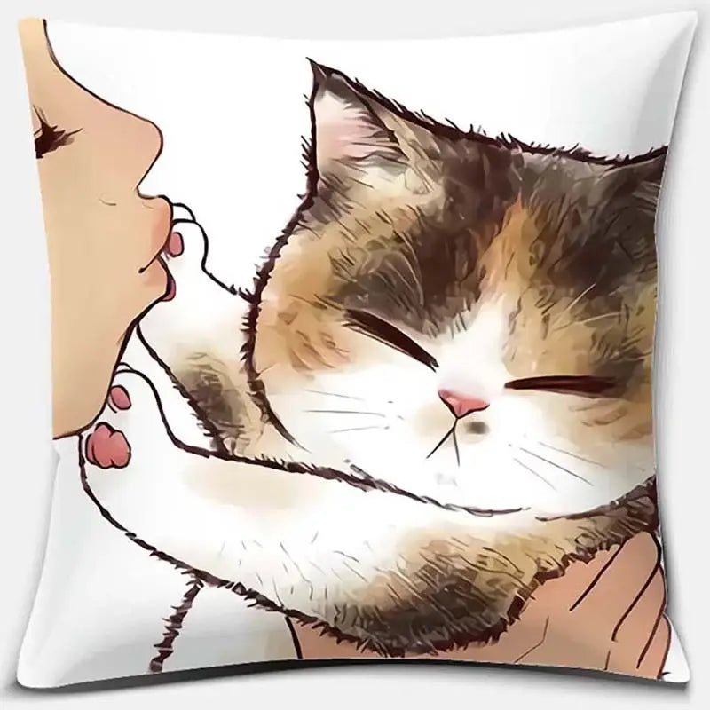 White throw pillow with a soft watercolor illustration of a calico cat receiving a cute cat kiss love in a kiss love cartoon design