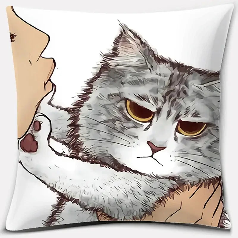 White throw pillow with a cute cat kiss detailed gray tabby cat illustration for cat kiss love bedroom decor