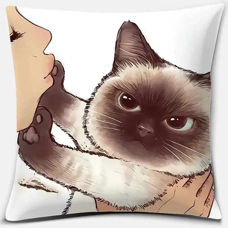 White throw pillow featuring cute cat kiss love cartoon with siamese cat holding a human face for bedroom decor