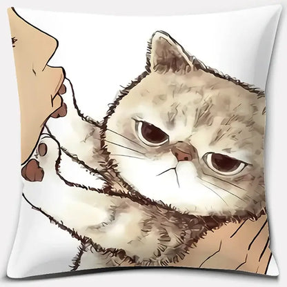 White throw pillow with cute cat kiss cartoon of an angry fluffy cream-colored cat reaching to touch a person’s face