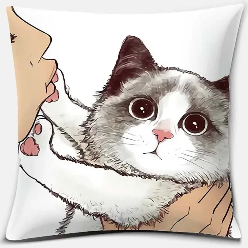 White throw pillow with cute cat kiss cartoon of fluffy gray and white cat touching a person’s face for bedroom decor