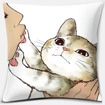 White throw pillow with a cute cat kiss watercolor illustration of a cream and white cat holding human hands for bedroom decor