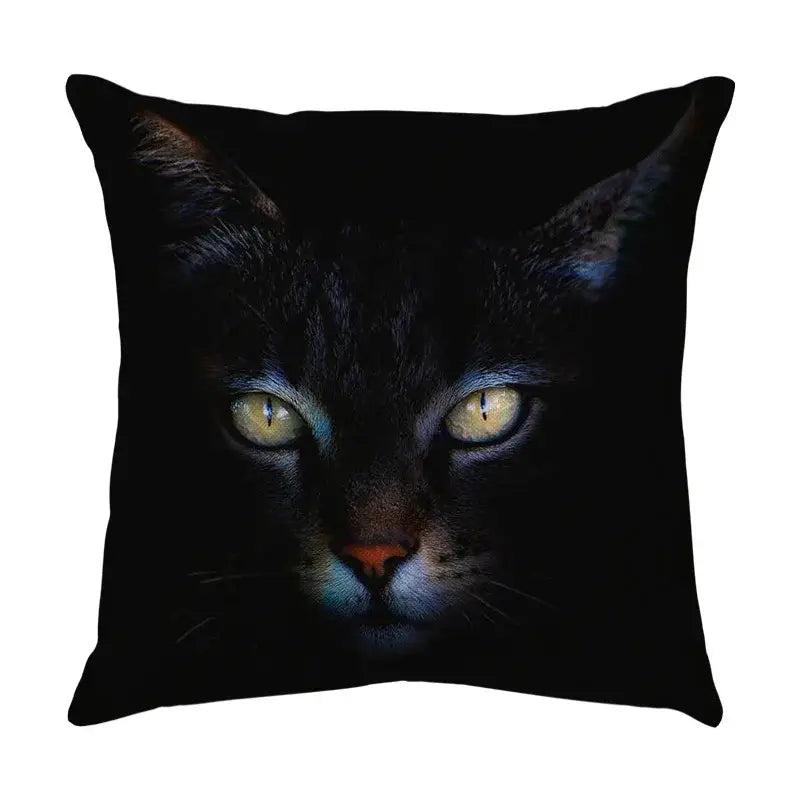 Black throw pillow with a striking black cat design and glowing yellow eyes made of sofa cotton linen for living room