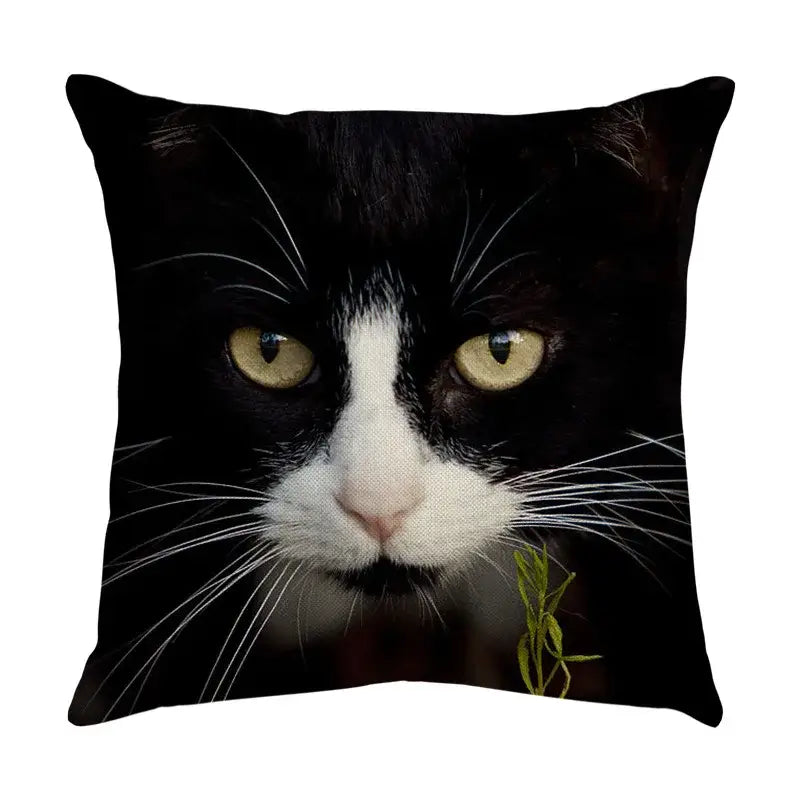 Black and white cat face pillow with striking yellow eyes cotton linen cover for cute cat sofa living room use
