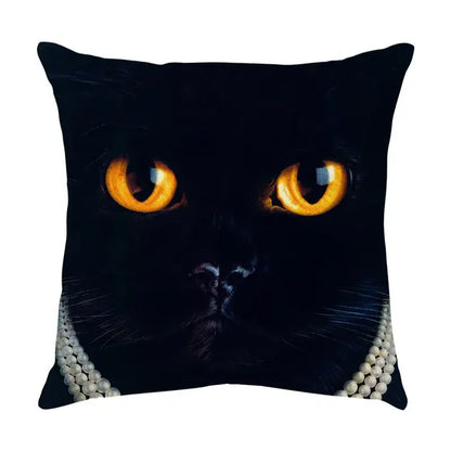Black cute cat sofa cotton linen throw pillow with glowing amber eyes and white pearl necklace for living room use
