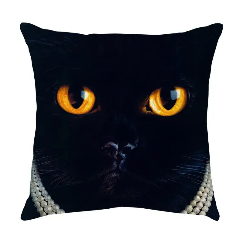 Black cute cat sofa cotton linen throw pillow with glowing amber eyes and white pearl necklace for living room use