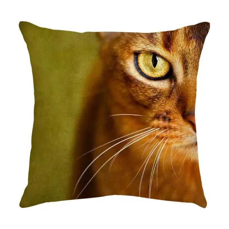 Square cushion with cute cat sofa cotton linen cover featuring an abyssinian cat face and olive green background