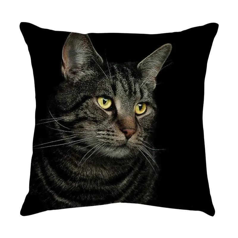 Black throw pillow with cute cat sofa cotton linen cover featuring a detailed tabby cat with yellow eyes
