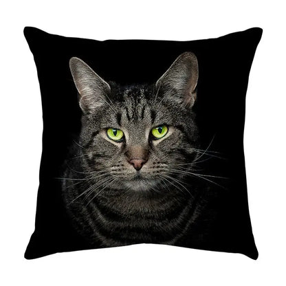Black cute cat sofa cotton linen throw pillow featuring a detailed tabby cat print with green eyes for living room