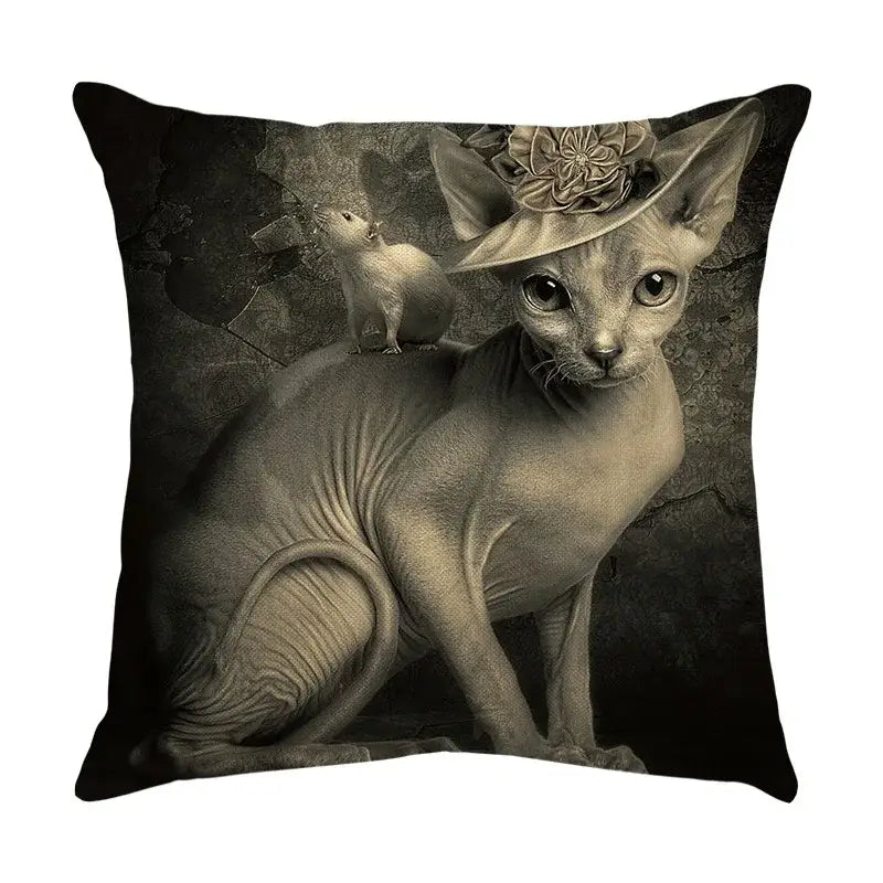 Square throw pillow with sepia sphynx cat illustration on cute cat sofa cotton linen cushion cover for living room