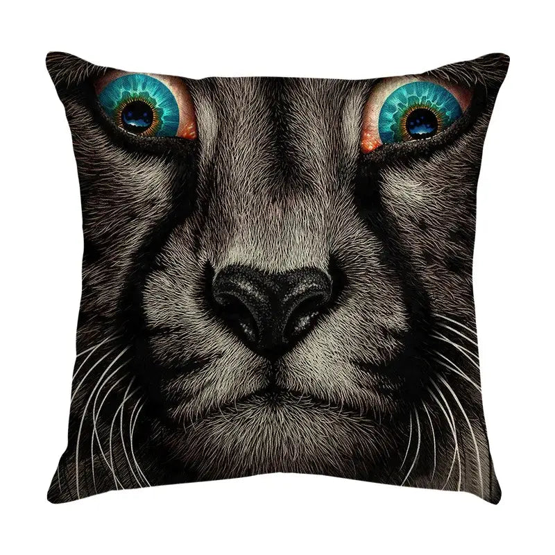 Black cute cat sofa cotton linen cushion cover featuring a detailed cat face with turquoise eyes for living room use