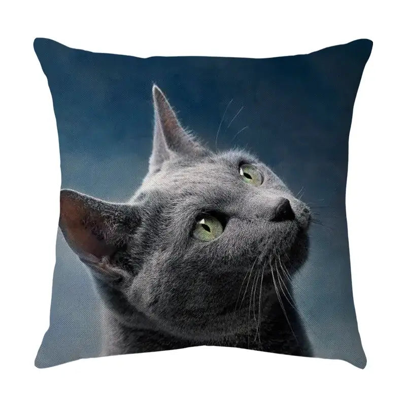 Square cute cat sofa cotton linen throw pillow with gray cat print and green eyes on dark blue background