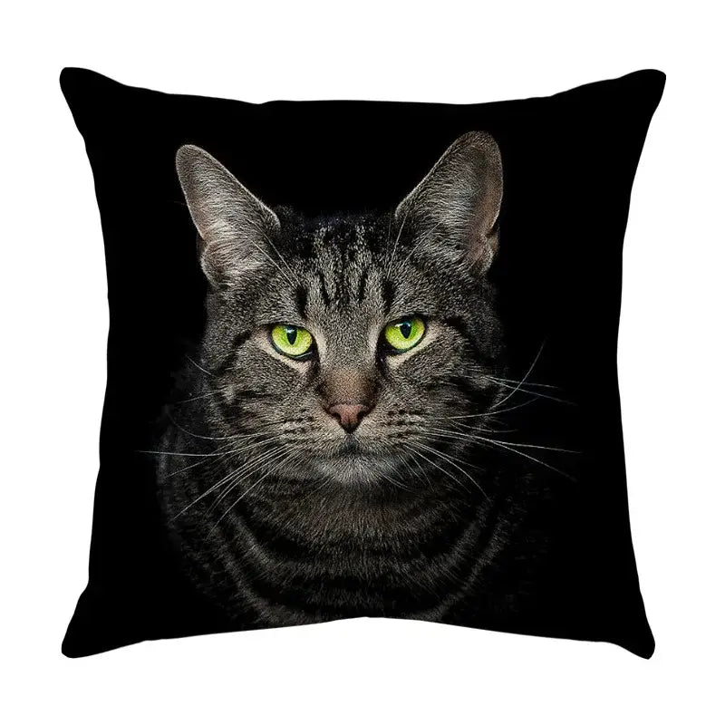 Black throw pillow featuring a detailed print of a tabby cat with green eyes on a cute cat sofa cotton linen cover
