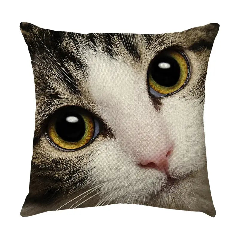 Square cute cat sofa cotton linen cushion cover with close-up tabby cat face and yellow eyes for living room pillow