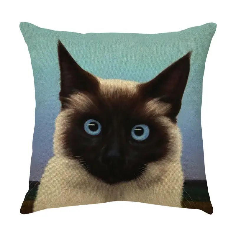 Square cute cat sofa cotton linen cushion cover featuring siamese cat portrait with blue eyes on teal background