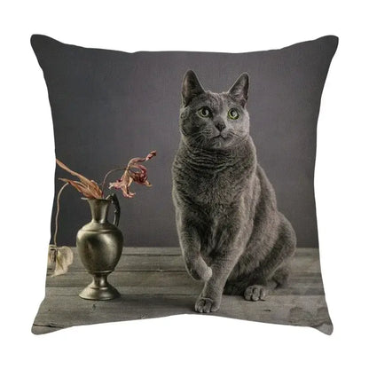 Gray Russian Blue cat sofa cotton linen cushion cover with cute cat sofa print beside antique vase on wooden surface