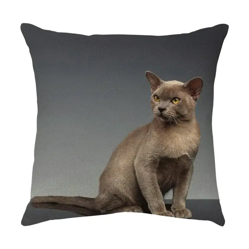 Gray sofa cotton linen throw pillow with cute cat print and striking yellow eyes for living room decor