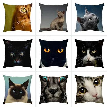 Nine cute cat sofa cotton linen cushion covers with vibrant colorful feline portraits for living room decor