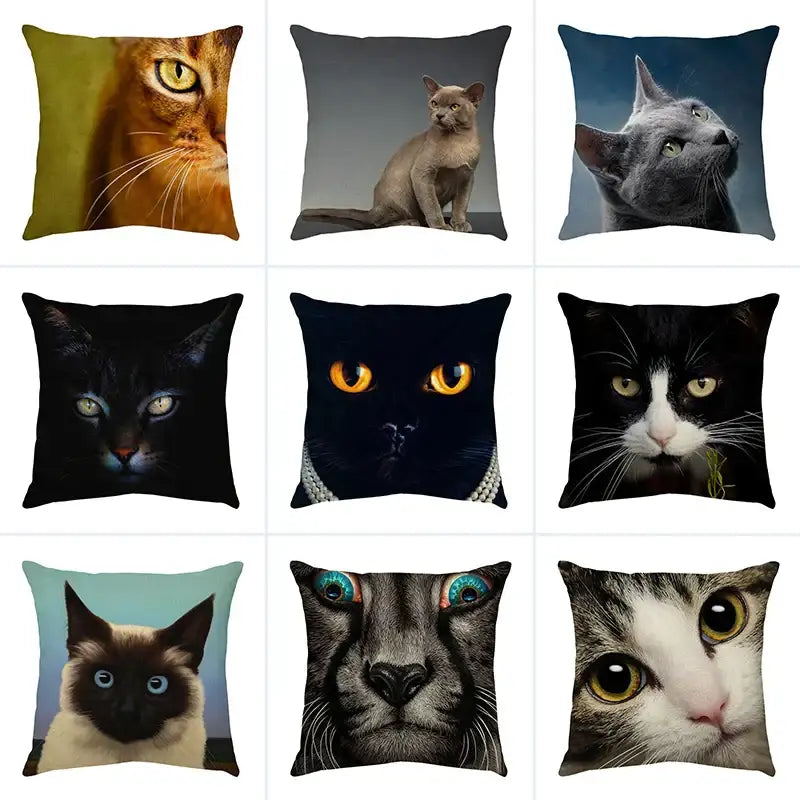 Nine cute cat sofa cotton linen cushion covers with vibrant colorful feline portraits for living room decor