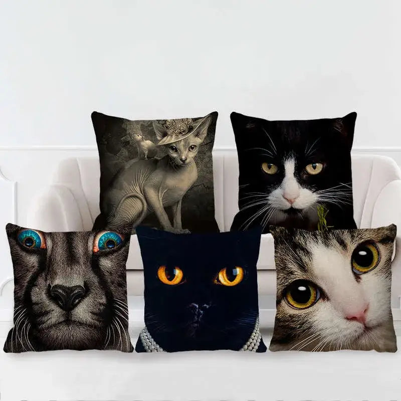 Set of five cute cat sofa cotton linen decorative throw pillows with detailed multicolor prints for living room use