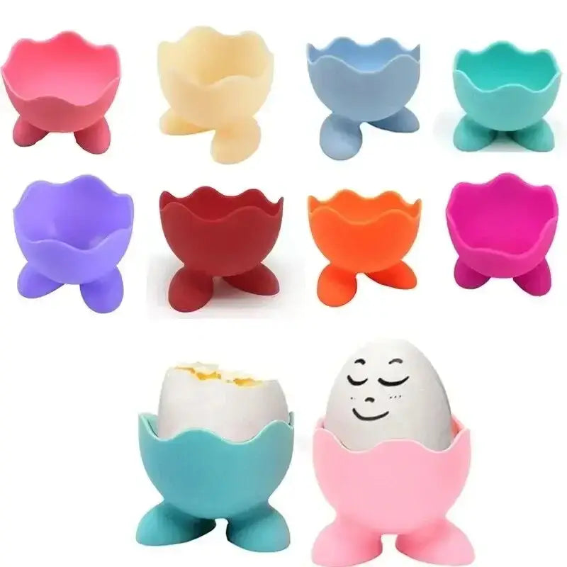 Colorful silicone egg cup holder with flower-like scalloped rim and three stubby legs for kitchen use