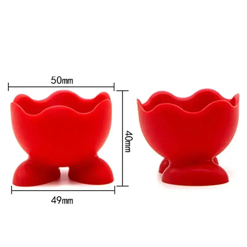Red silicone egg cup holder with scalloped rim and three short feet for kitchen breakfast use