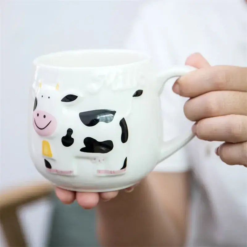 White ceramic cow ceramic mug with 3d cartoon black spots pink nose smile decorbites cow coffee cup