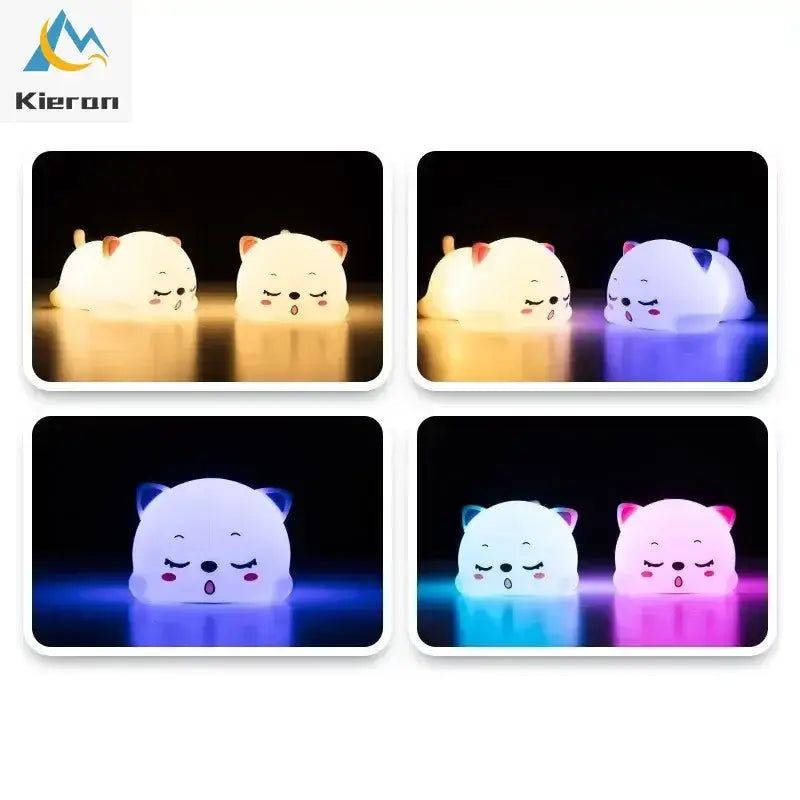 Cute cream cat silicone led night light shaped like a sleeping white cat with soft glowing colors for bedroom decorbites decor