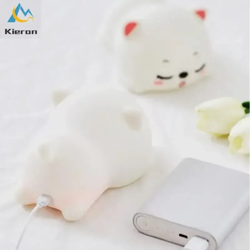 Cute cream cat silicone led night light in white plush with pink ears and cheeks soft texture for decorbites cat silicone decor
