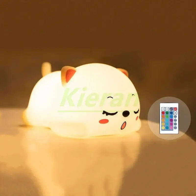 Cute cream cat silicone led night light with red ears and cheeks glowing softly for bedroom decorbites cat silicone use