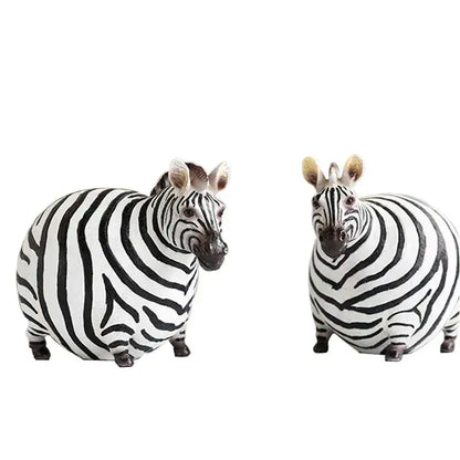 Two chubby black and white striped cute fat zebra resin figurines with detailed faces for living room decorbites decor