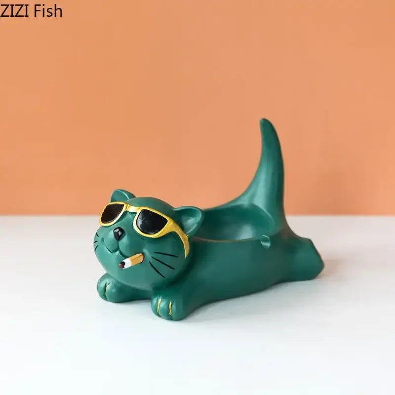 Green ceramic cute glasses cat ashtray figurine wearing yellow sunglasses holding cigarette for living room decor