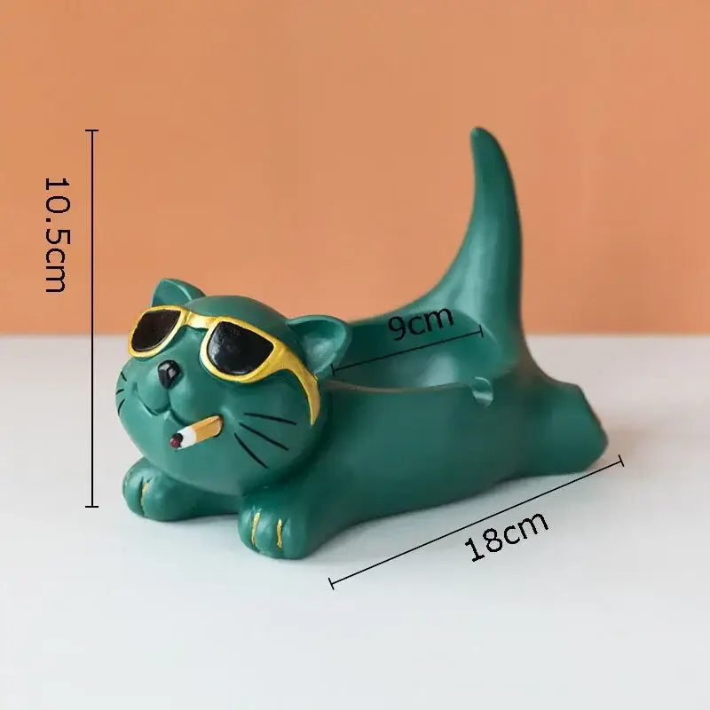 Green resin cute glasses cat ashtray shaped like a cat with gold-rimmed sunglasses and cigarette for living room decor