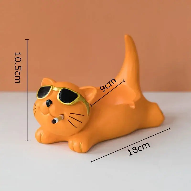 Orange resin cute glasses cat figurine ashtray wearing gold-rimmed sunglasses and holding a cigarette for living room decor