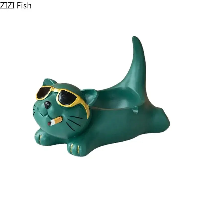 Teal resin cute glasses cat ashtray with gold-rimmed sunglasses and cigarette by zizi fish for living room decor