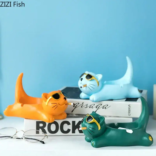 Three colorful glossy resin cute glasses cat figurines with sunglasses and cigarette accents for living room decor