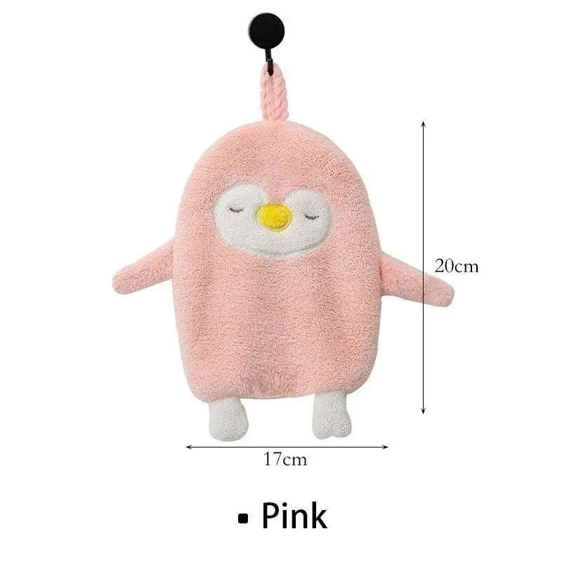 Pink plush penguin-shaped bath sponge with white facial features and yellow beak for decorbites cute goose microfiber hand towels decor
