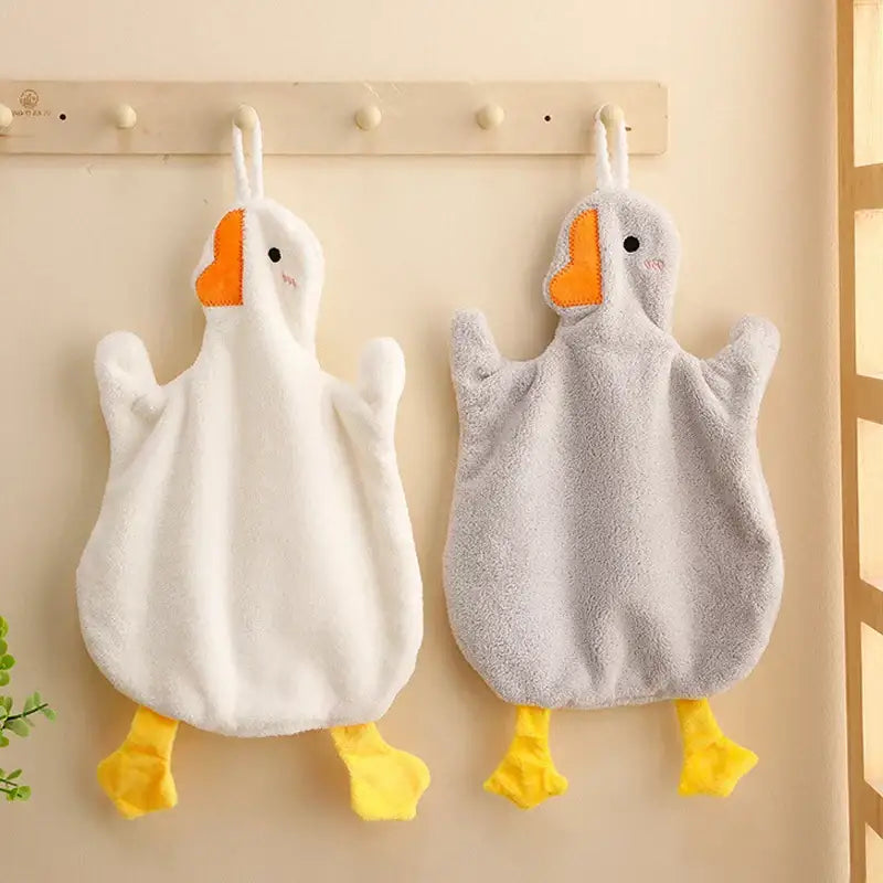 Cute goose microfiber hand towels in white and gray with orange beaks and yellow feet for decorbites cute goose decor