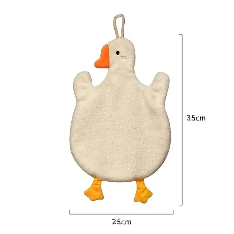 A soft off-white plush duck-shaped bath sponge with orange beak and feet complementing decorbites cute goose microfiber hand towels