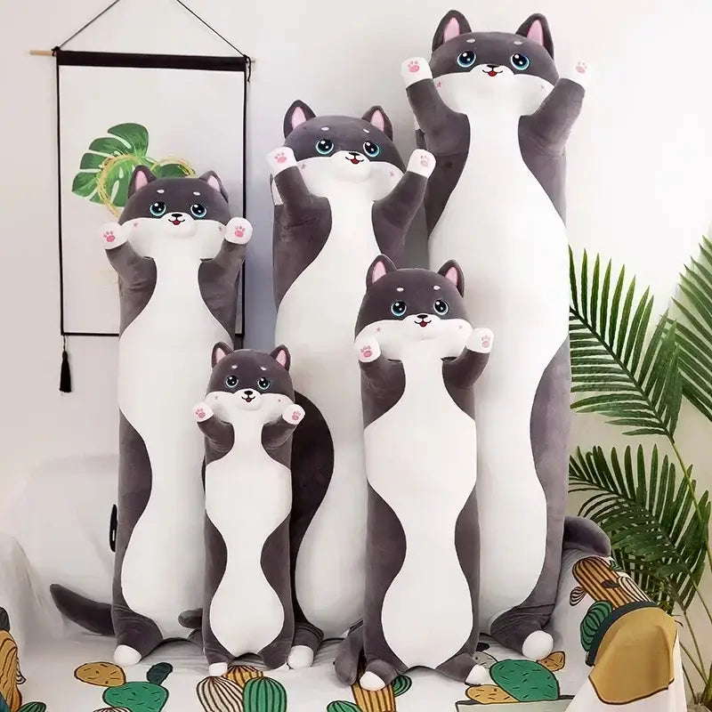 A collection of soft gray and white plush husky dog body pillows with blue eyes for decorbites husky dog bedroom decor