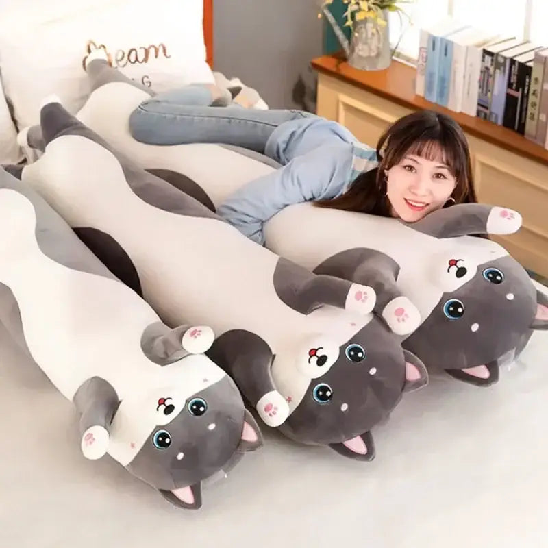 Cute gray and white husky dog body pillow with plush fabric and embroidered face for decorbites husky dog bedroom decor