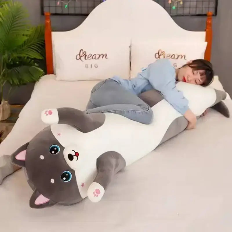 Cute gray and white husky dog body pillow with blue eyes pink inner ears and embroidered paw pads by decorbites husky dog