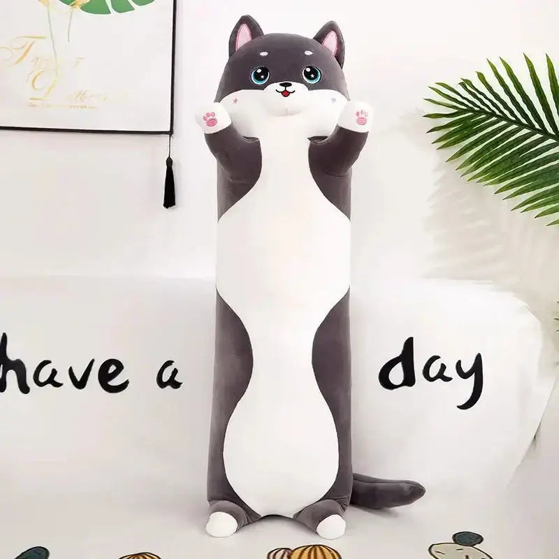 Cute gray and white plush cat body pillow with blue eyes and pink ears by decorbites husky dog for bedroom decor