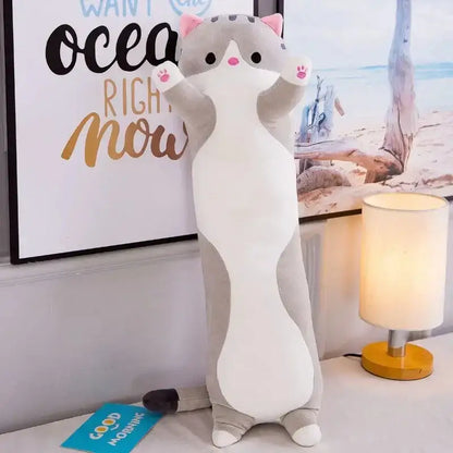 A soft gray and white plush cat body pillow with pink ears and paw pads for decorbites husky dog bedroom decor