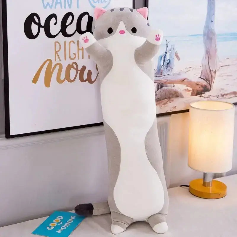 A soft gray and white plush cat body pillow with pink ears and paw pads for decorbites husky dog bedroom decor