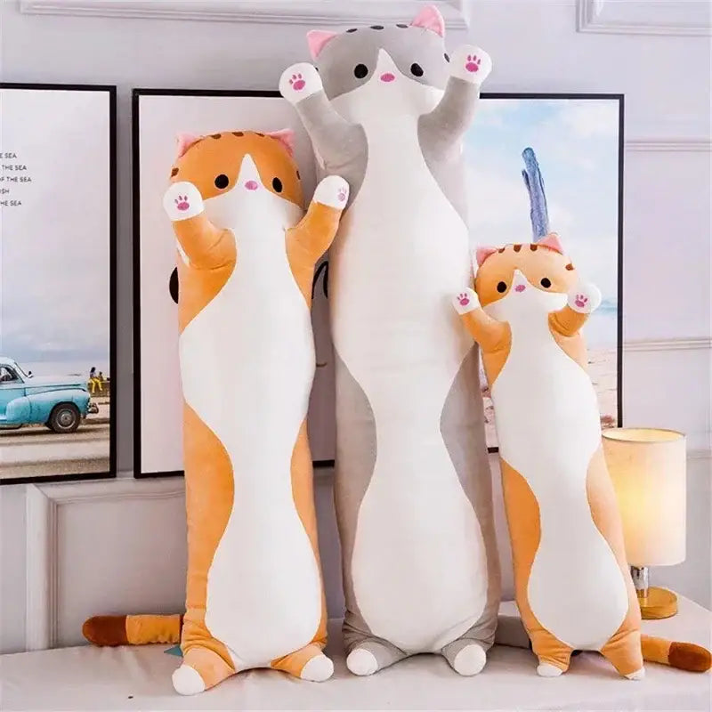 Three plush body pillows in orange white and gray white soft fabric standing pose decorbites husky dog bedroom decor