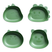 Set of four green plastic bear shape fruit plates with cute facial expressions and spiky ears for snacks