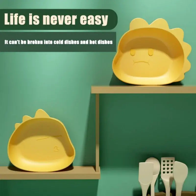 Yellow sun-shaped children’s fruit plate with smiling face and spiky rays from cute green bear shape fruit plate set of 4